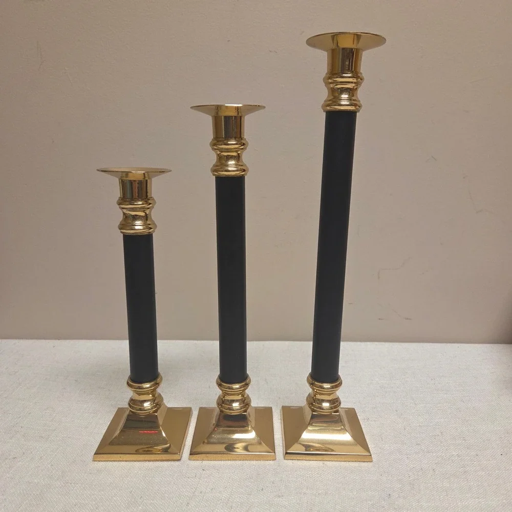 Decorative Crafts Inc Brass and Black Candlestick Holders Set of 3 Vintage Style